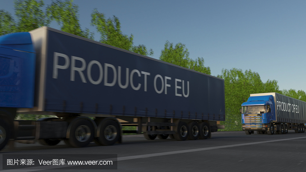 移动拖车上印有欧盟产品说明的货运半挂车。道路货物运输。三维渲染