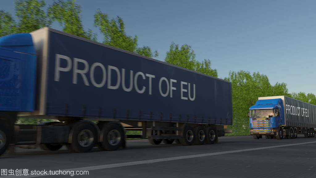 移动半货车与拖车上的欧盟产品标题。道路货物运输。3d 渲染